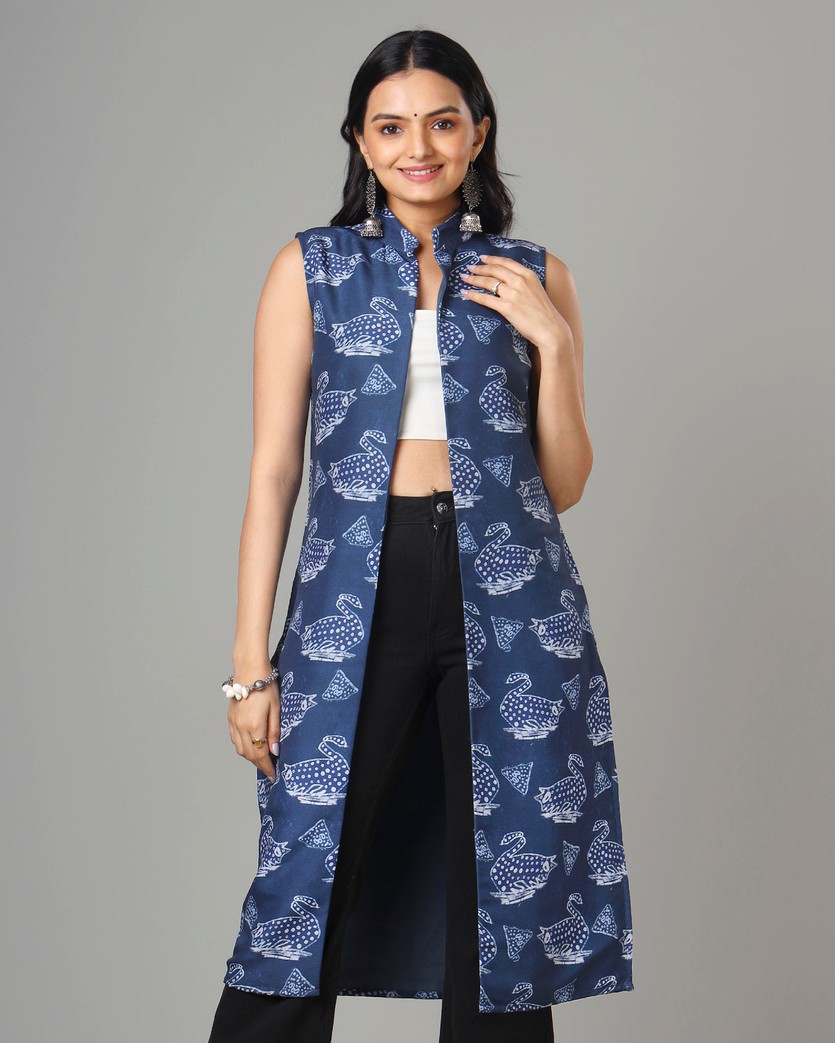 Trendy Quirky Indiigo Long Jacket For Woman