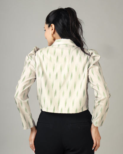 Unveil Artistry in Our Ikkat Pattern Women's Crop Jacket