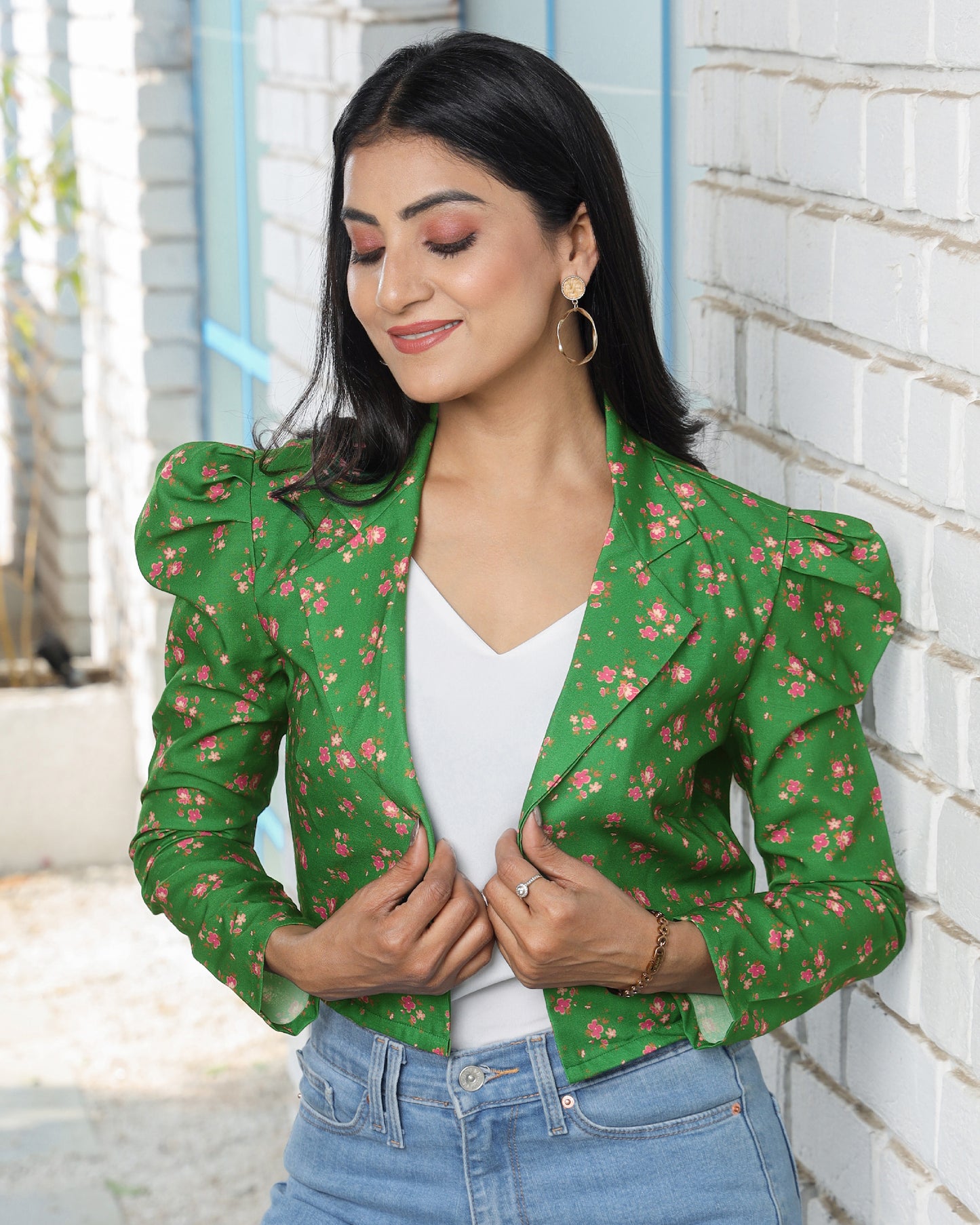 Petal Pink-A Floral Embellished Green Women's Jacket