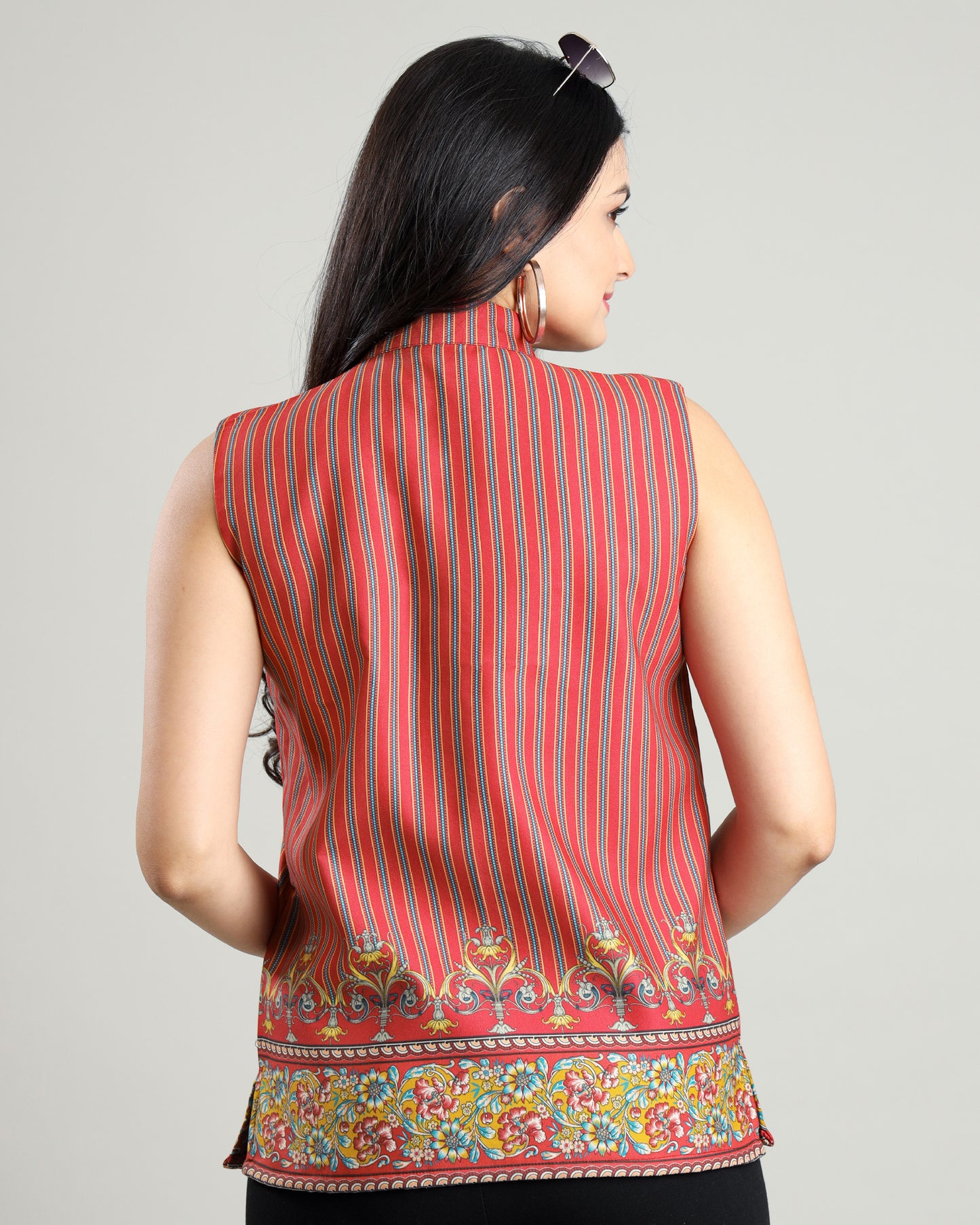 Women's Sleeveless Striped Nehru Jacket