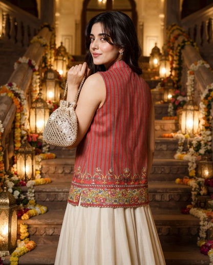 Women's Sleeveless Striped Nehru Jacket