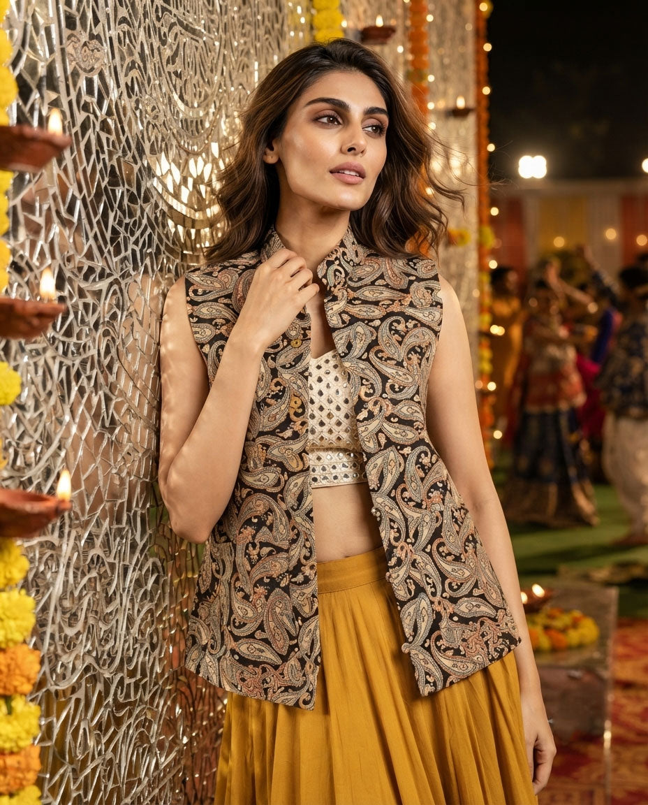 Women's Sleeveless Paisley Nehru Jacket