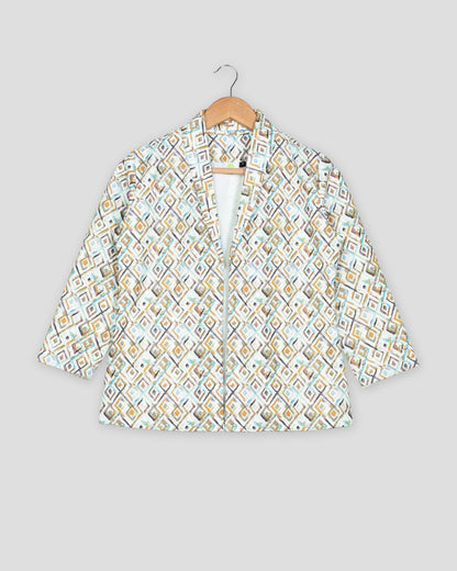 Geometric Floral Embroidery Work White Women's Jacket