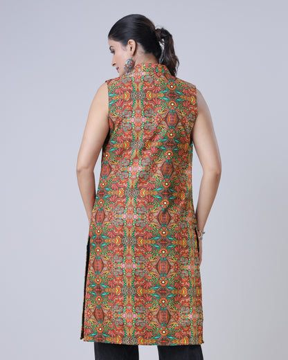 Attractive Multicolor Floral Sleeveless Long Jacket For Women