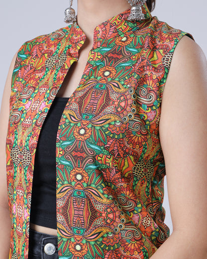 Attractive Multicolor Floral Sleeveless Long Jacket For Women