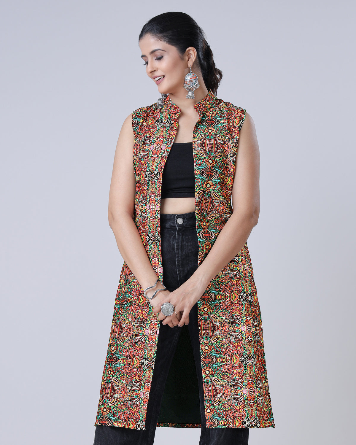 Attractive Multicolor Floral Sleeveless Long Jacket For Women