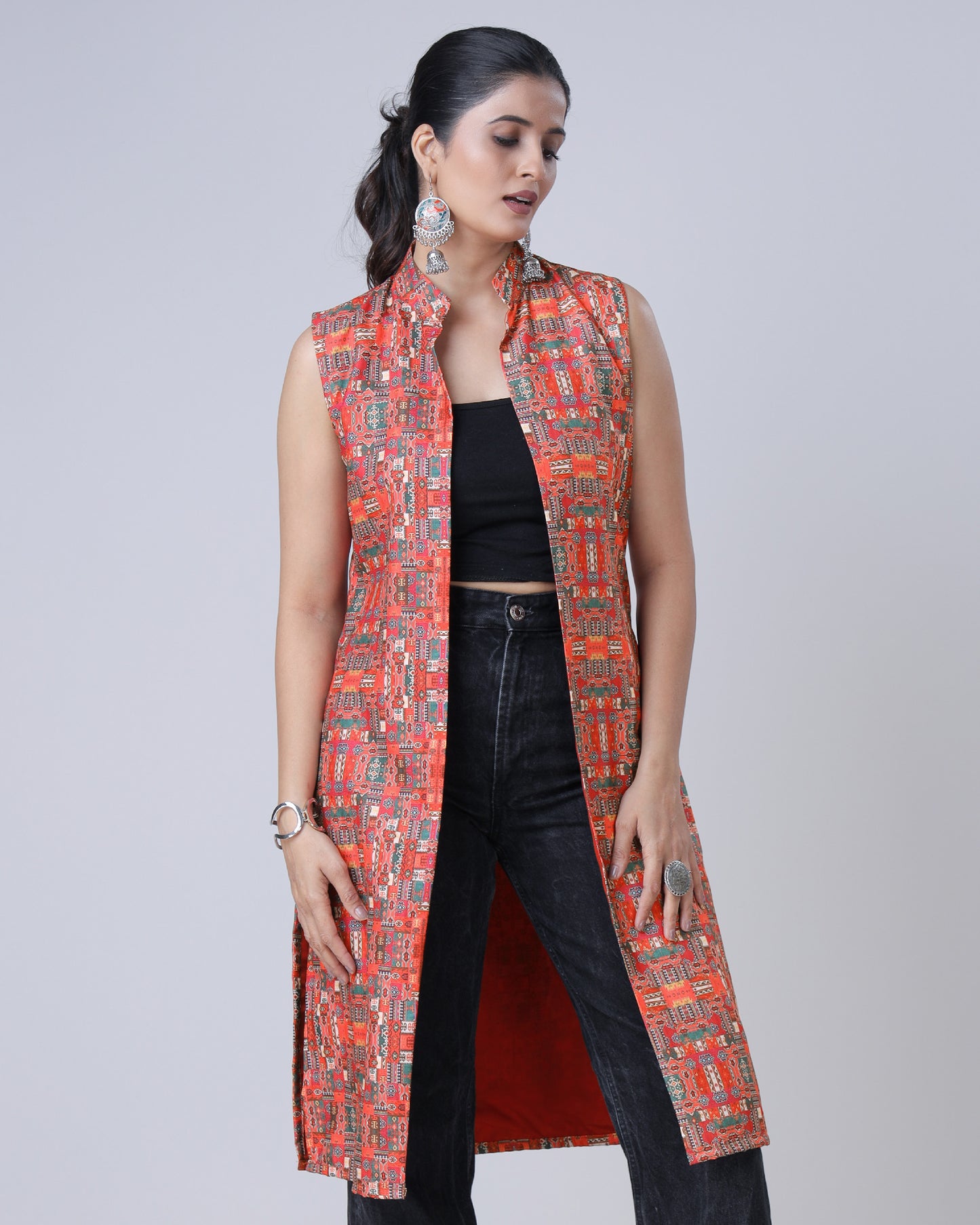 Ethnic Abstract Sleeveless Long Jacket For Women