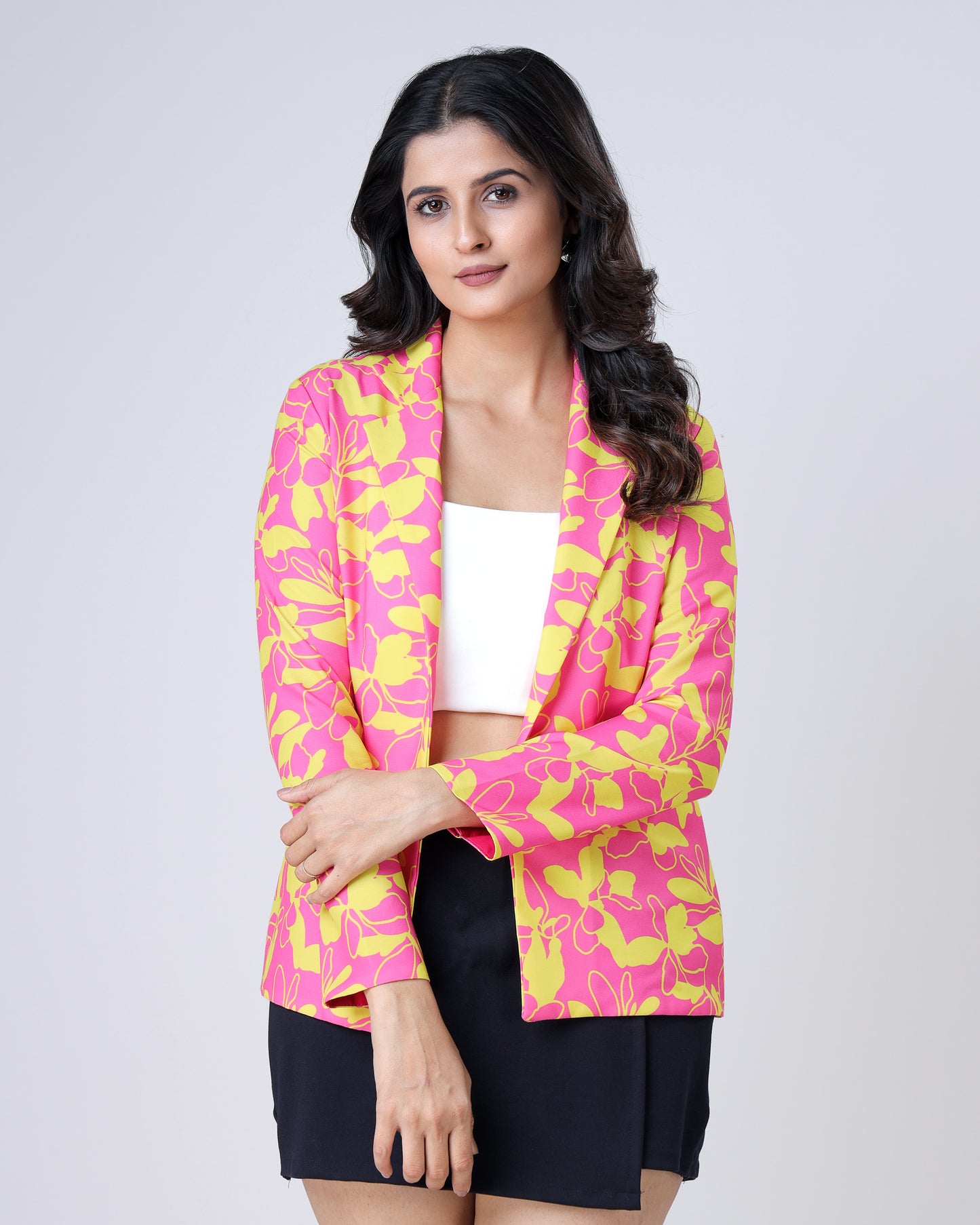 Pop Of Color: Pink And Yellow Notched Collar Jacket