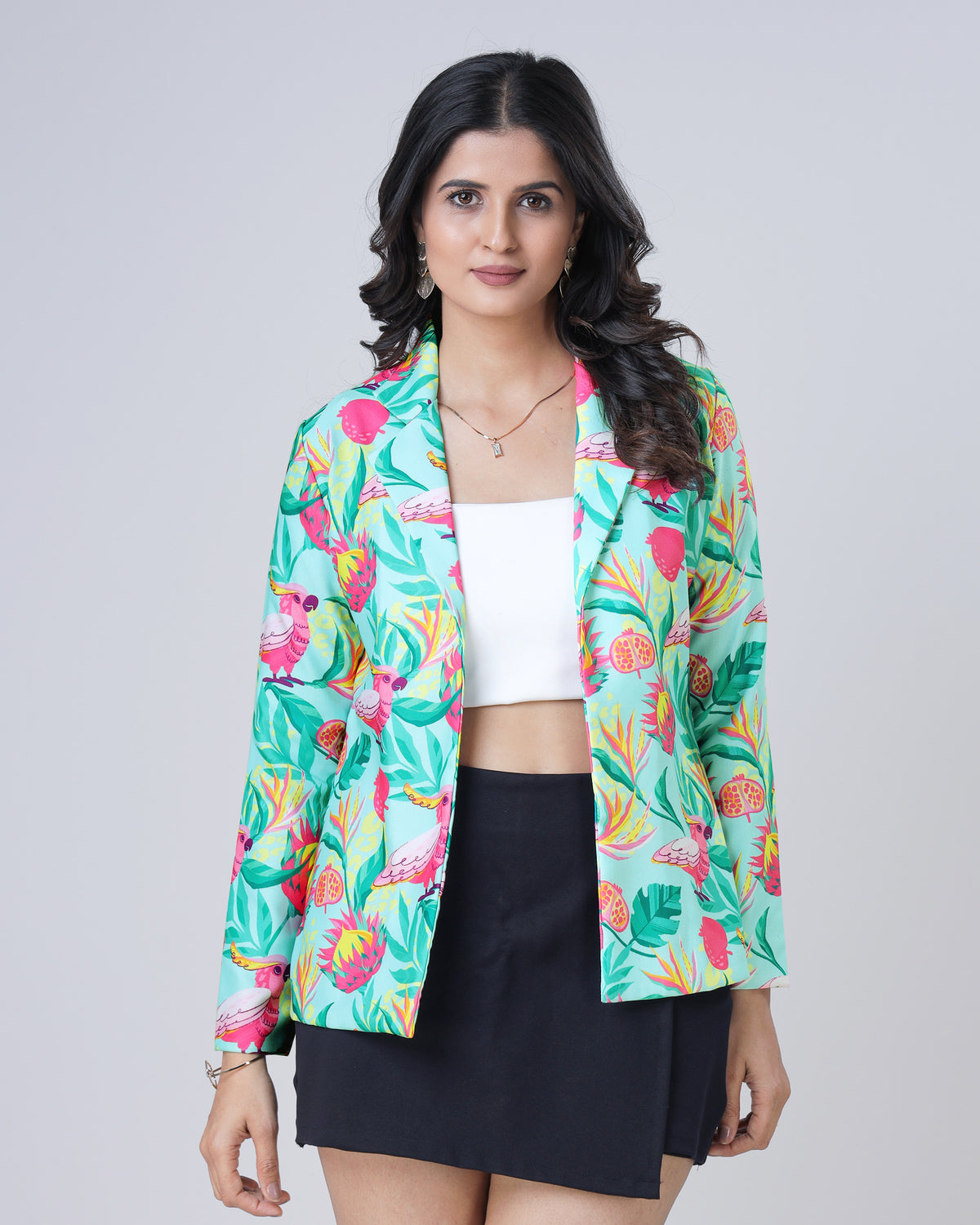 Pop Of Color: Blue And Pink Floral Notched Collar Jacket