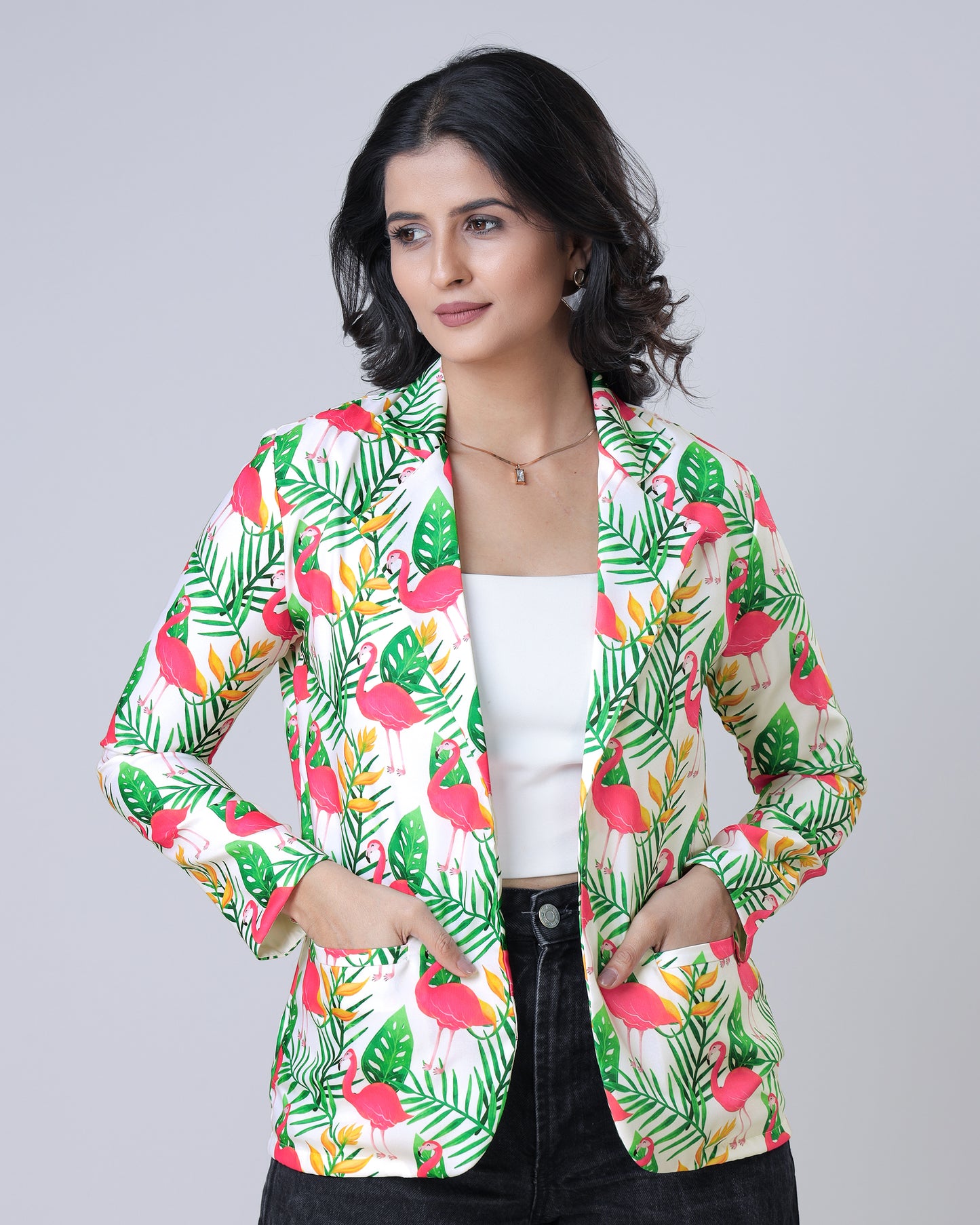 Pop Of Color: White And Green Tropical Notched Collar Jacket