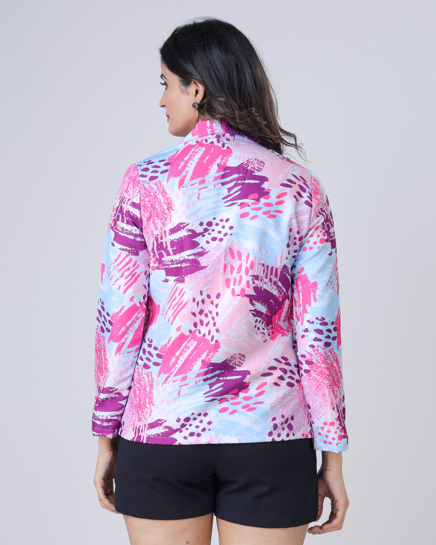 Pop Of Color: Pink Abstract Notched Collar Women's Jacket