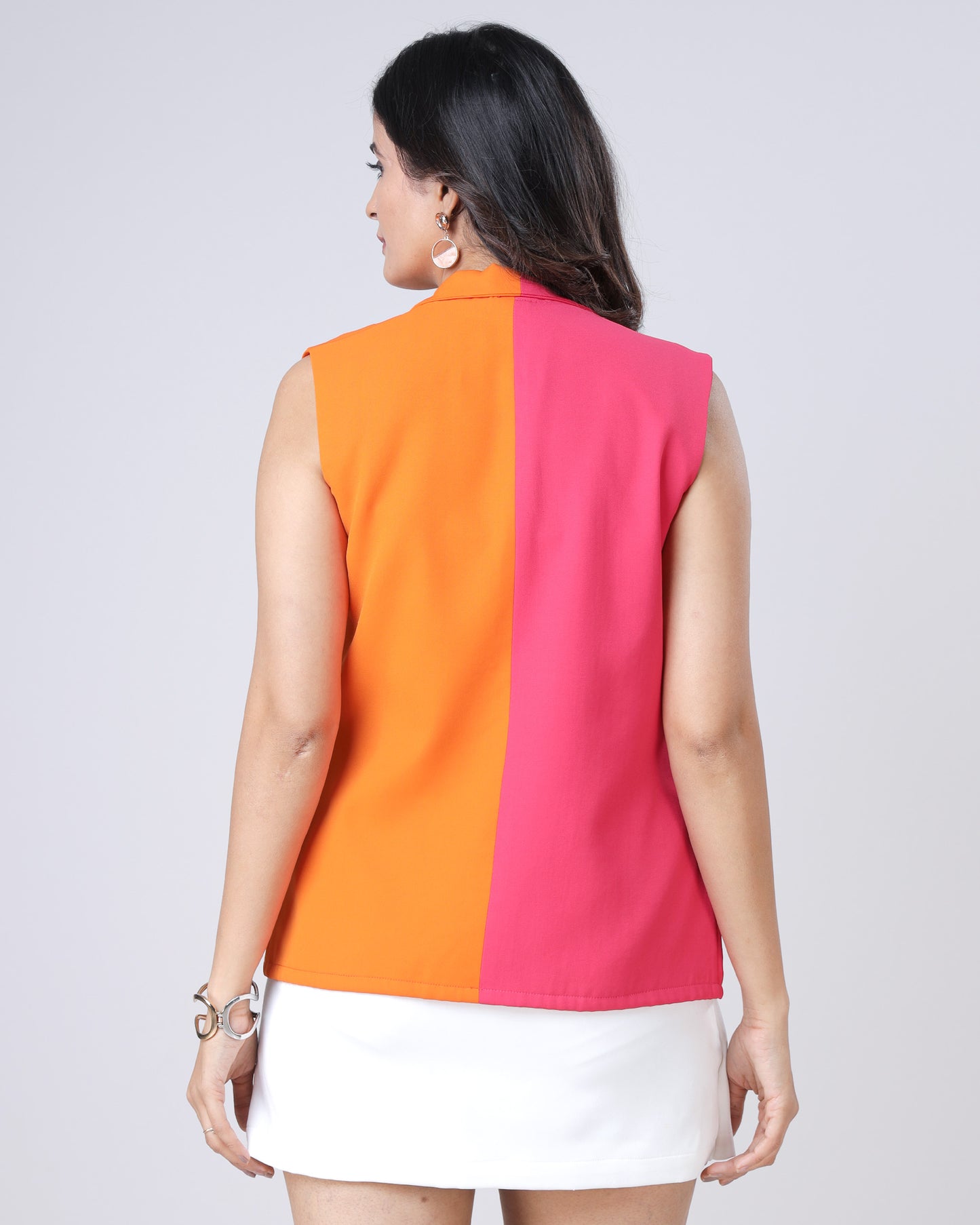 Color Block Edit : Orange And Pink Sleeveless Women's Jacket