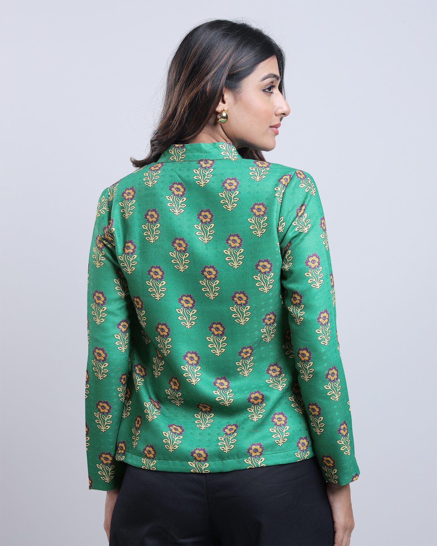 Women Green Floral Open Front Ethnic Jacket