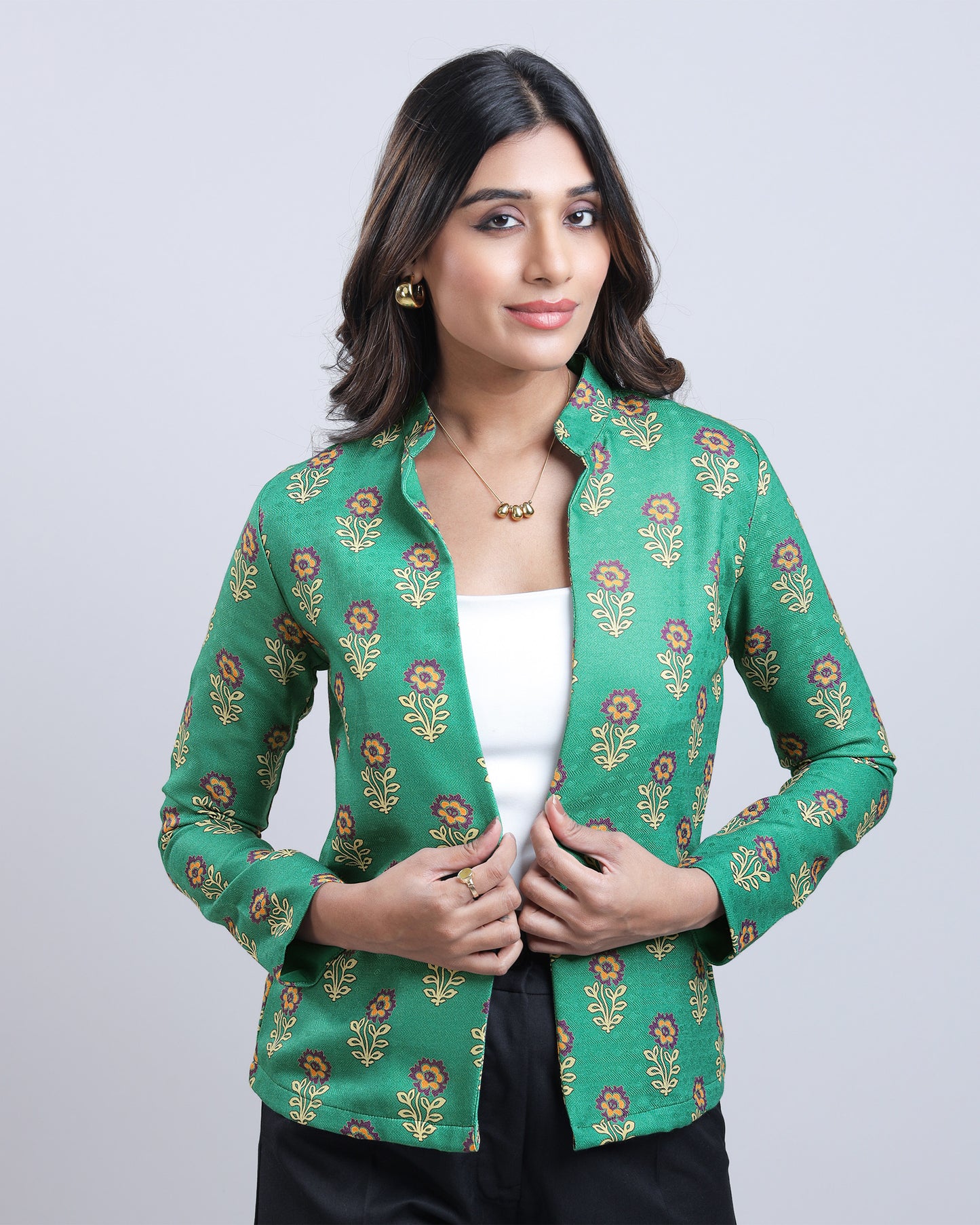 Women Green Floral Open Front Ethnic Jacket