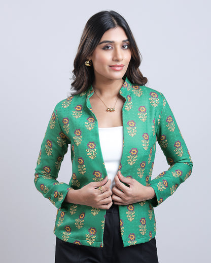 Women Green Floral Open Front Ethnic Jacket