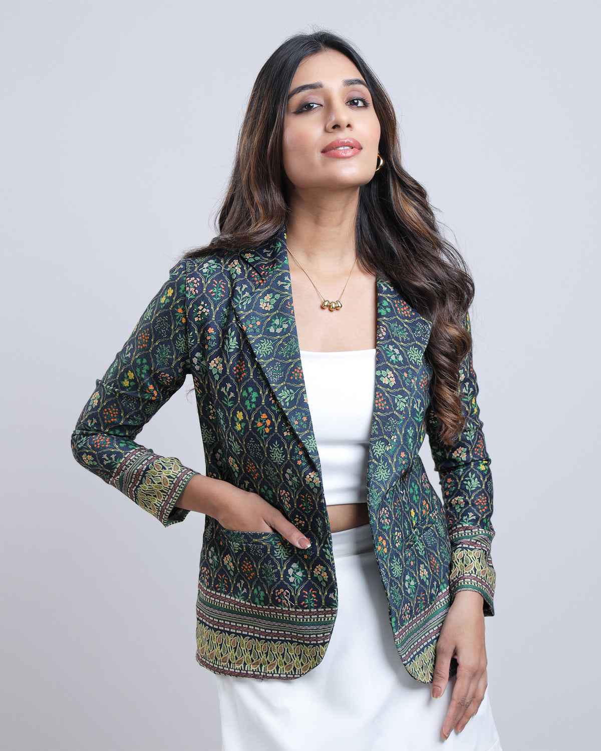 Feel The Edge: Ethnic Open Front Navy Blue Womens Jacket