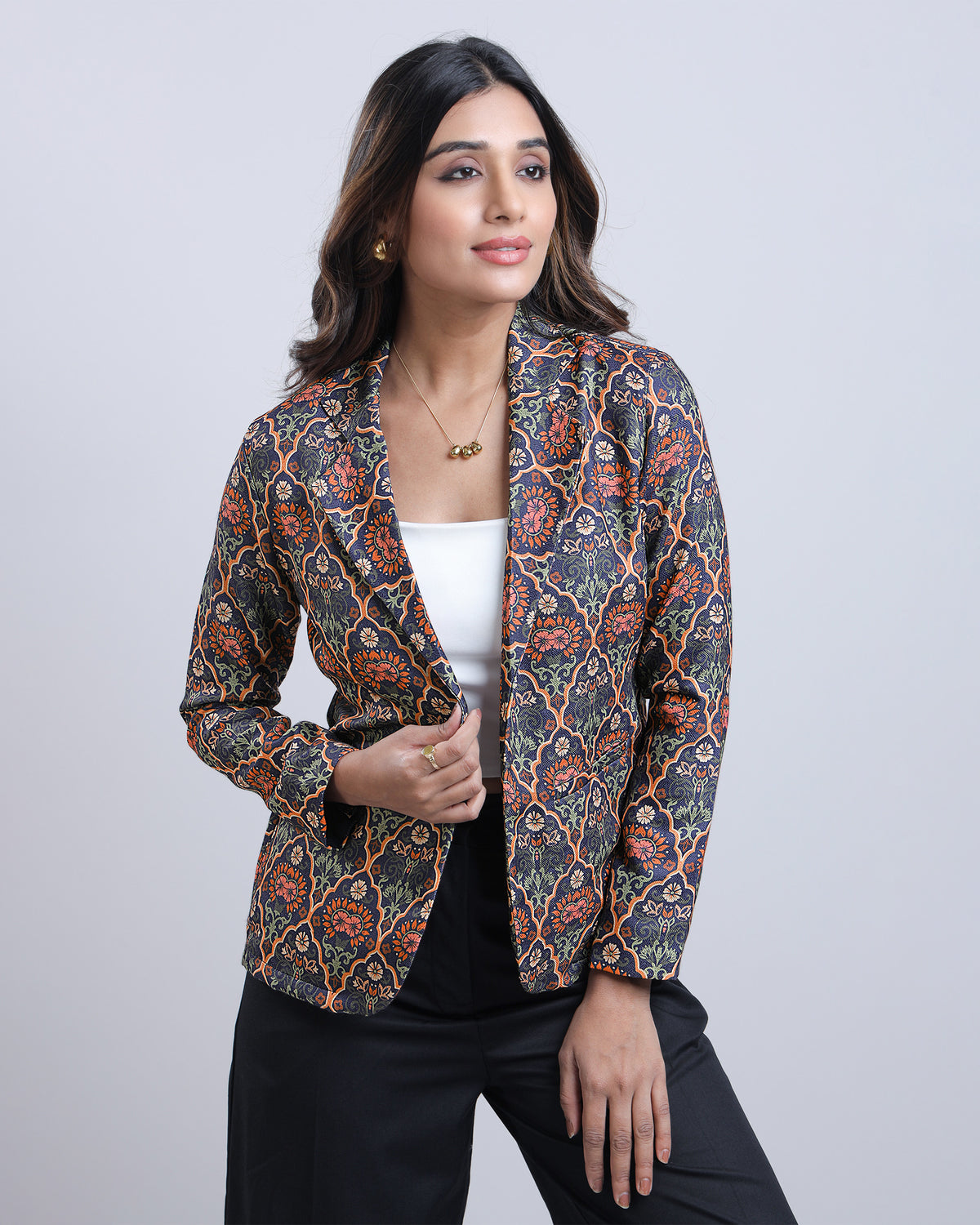 Statement-Making Navy Blue Ethnic Floral Womens Jacket