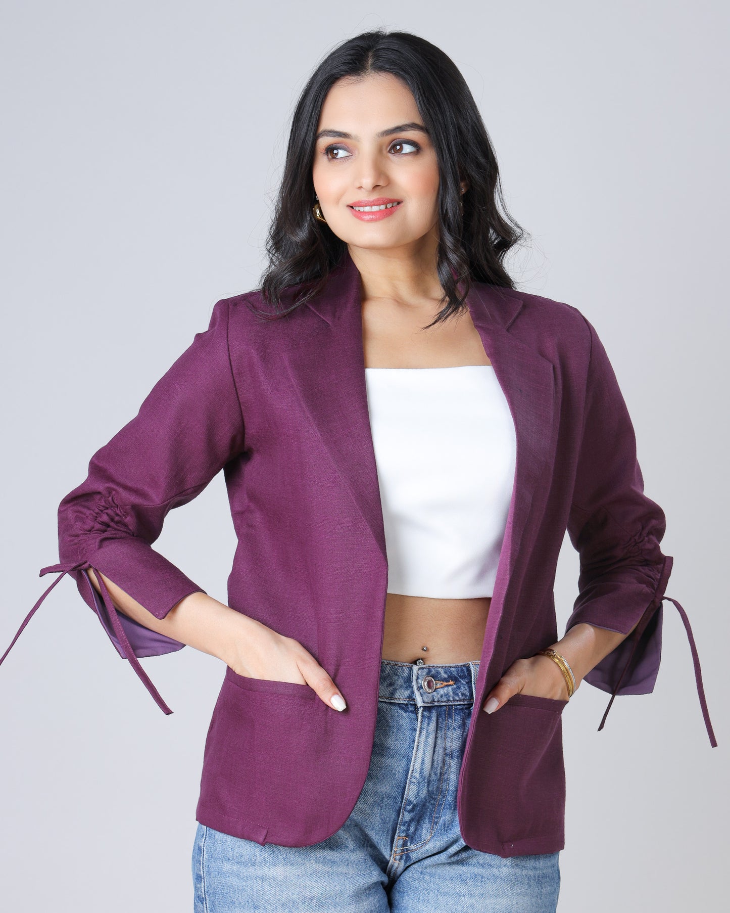 Women's Wine Purple Rolled Cuff Sleeve Jacket