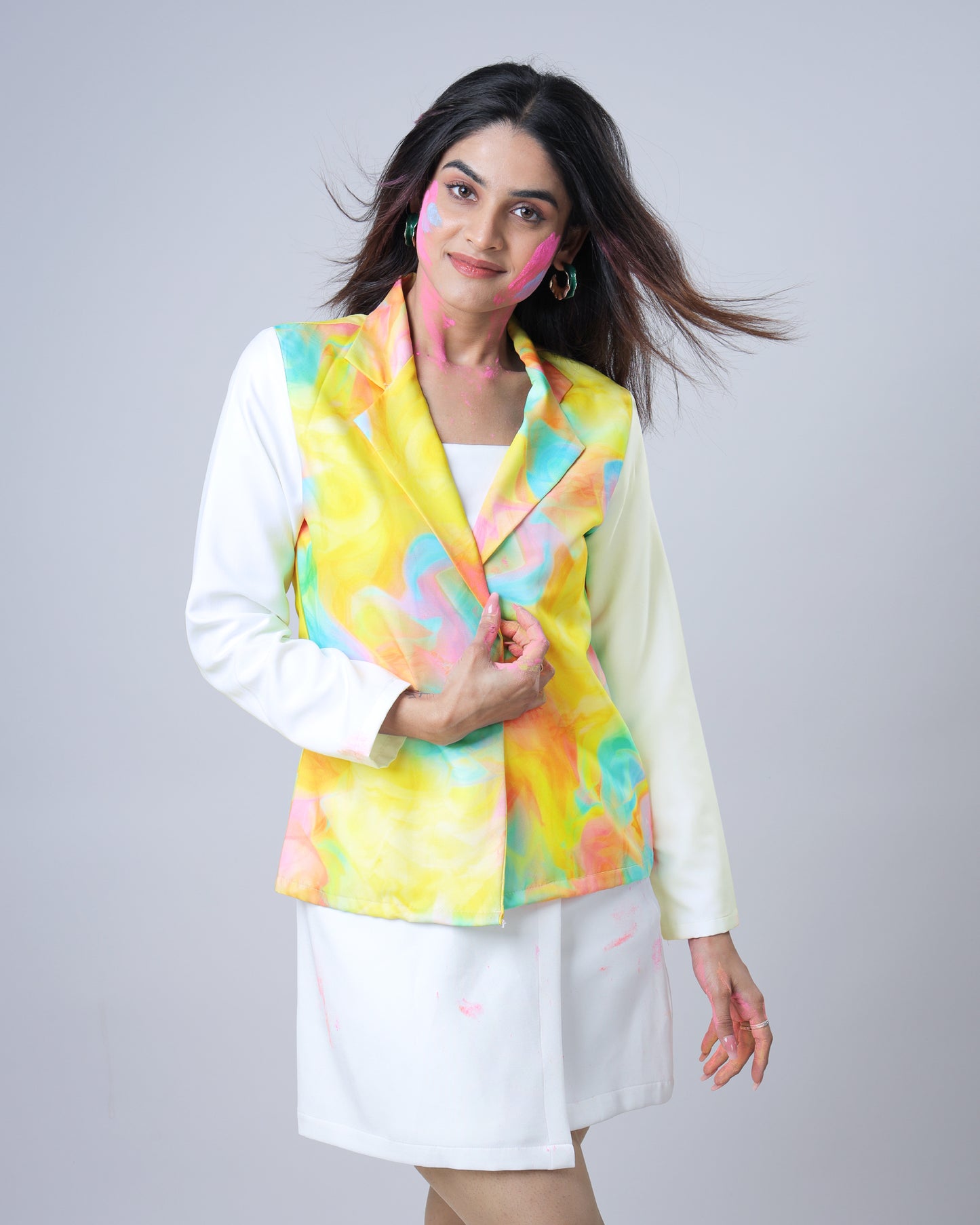 Trendy Tye And Dye Color Block Notched Collar Jacket