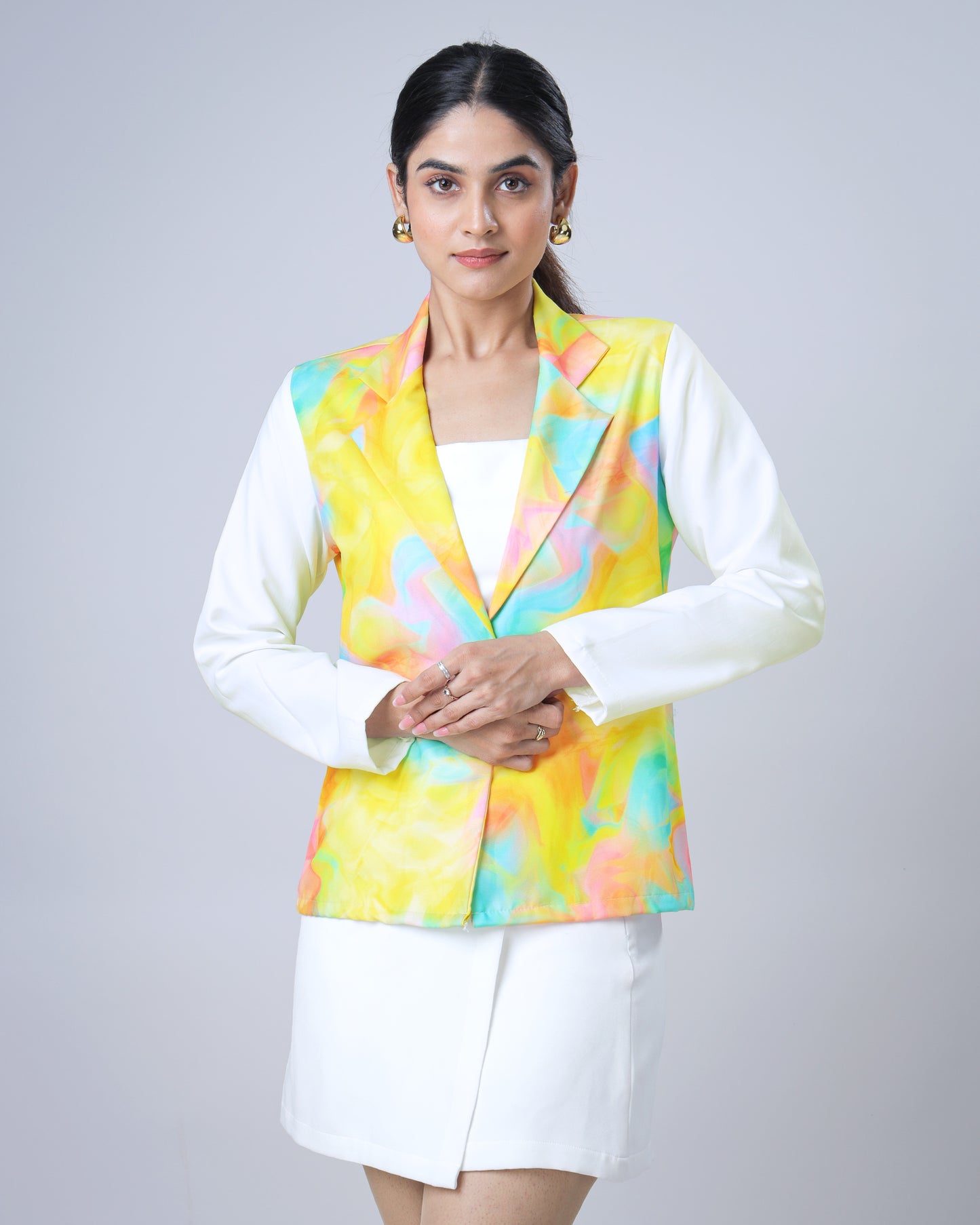 Trendy Tye And Dye Color Block Notched Collar Jacket