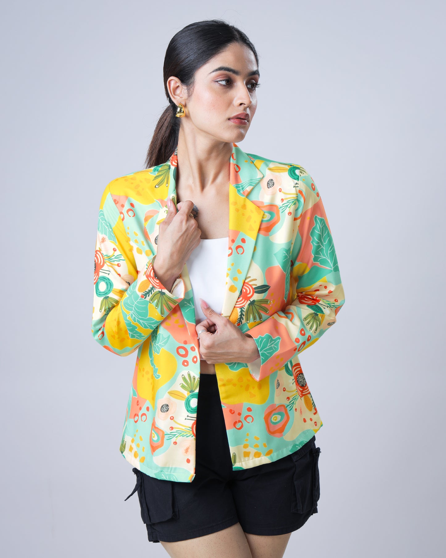 Womens Aquatic Floral Notched Collar Jacket