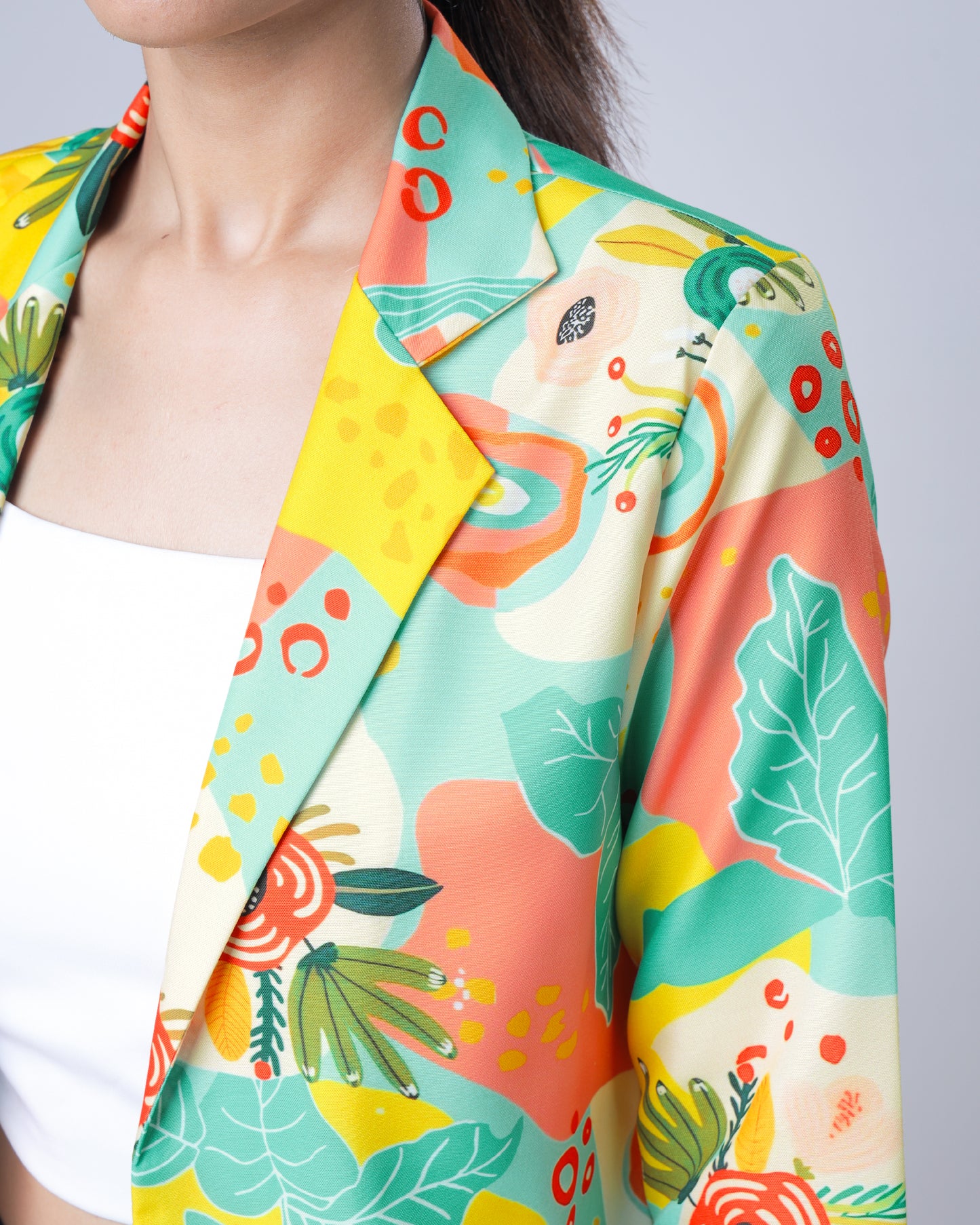 Womens Aquatic Floral Notched Collar Jacket