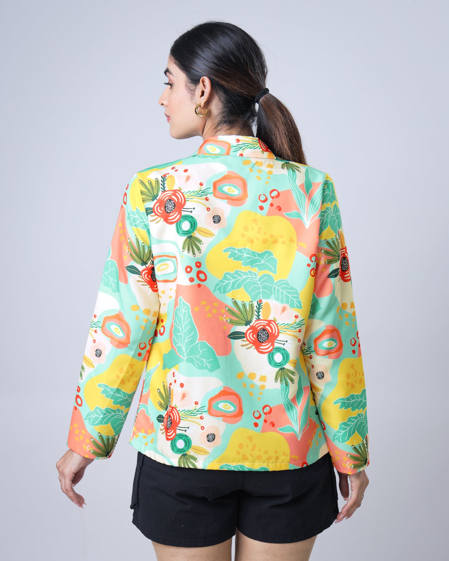 Womens Aquatic Floral Notched Collar Jacket