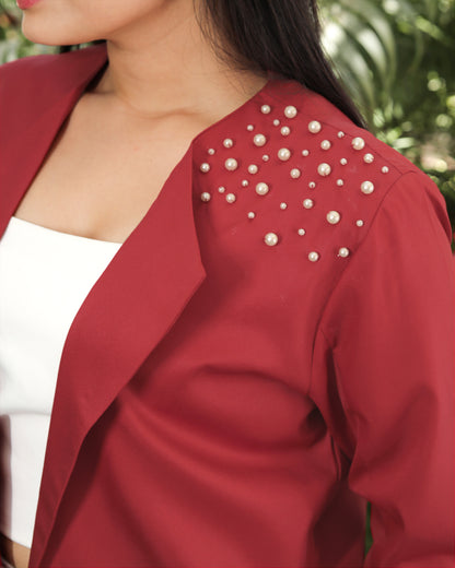 Plain Marron Pearl Hand Embellish Work Jacket