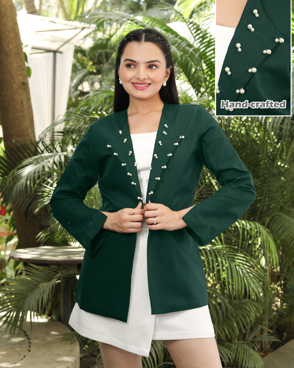 Plain Castleton Green Pearl Hand Embellish Work Jacket