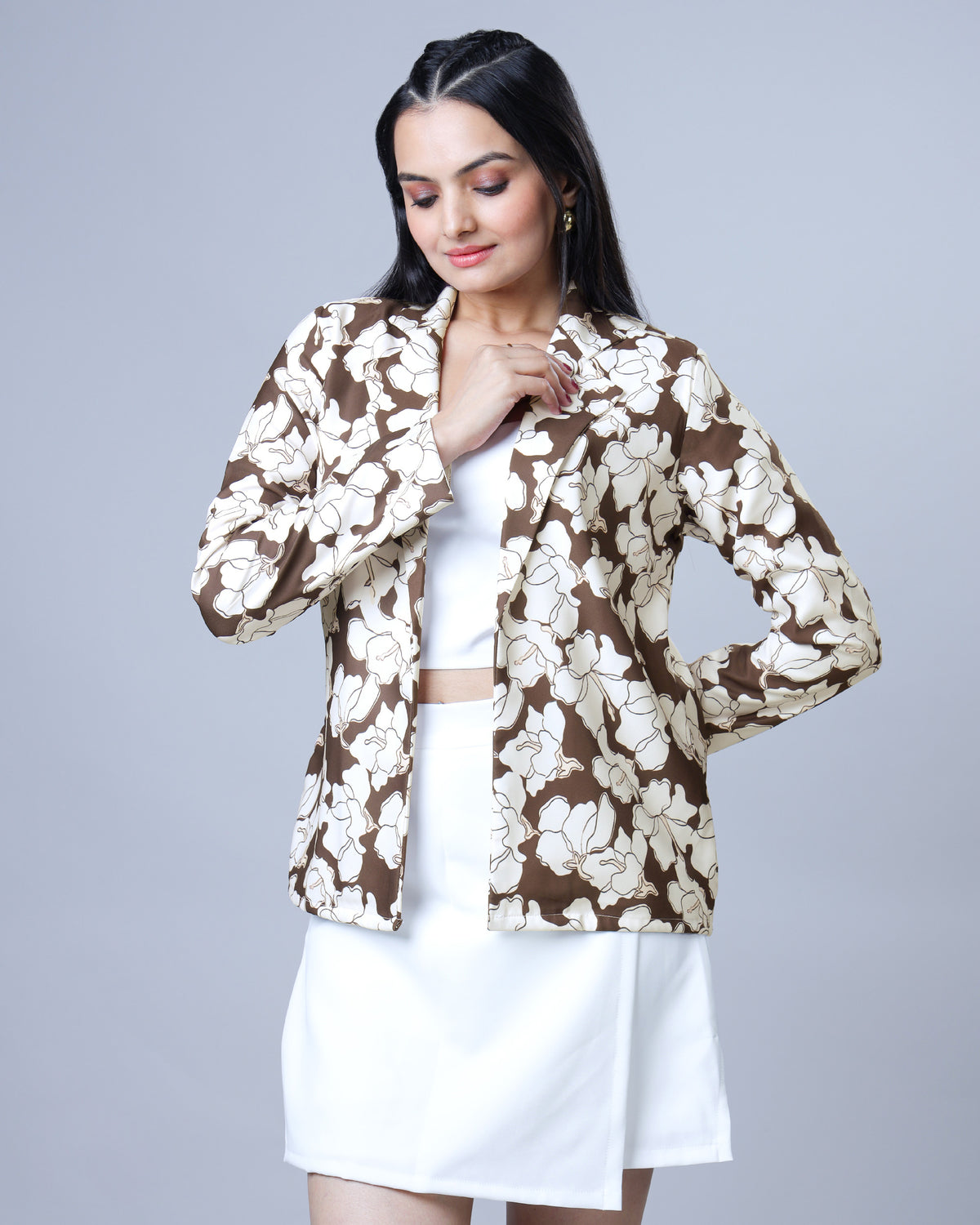 Stylish Floral Notced Collar Jacket For Women