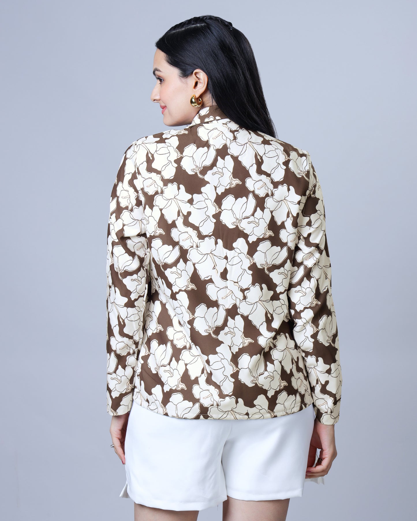 Stylish Floral Notced Collar Jacket For Women