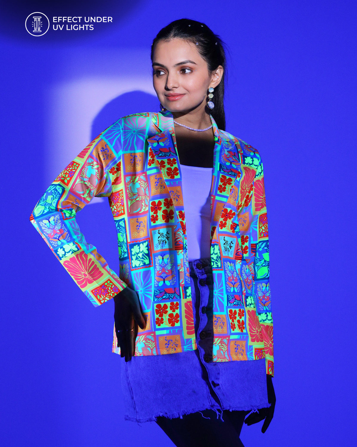 Neon Bloom Boxy Jacket For Women – UV Glow Floral Edition