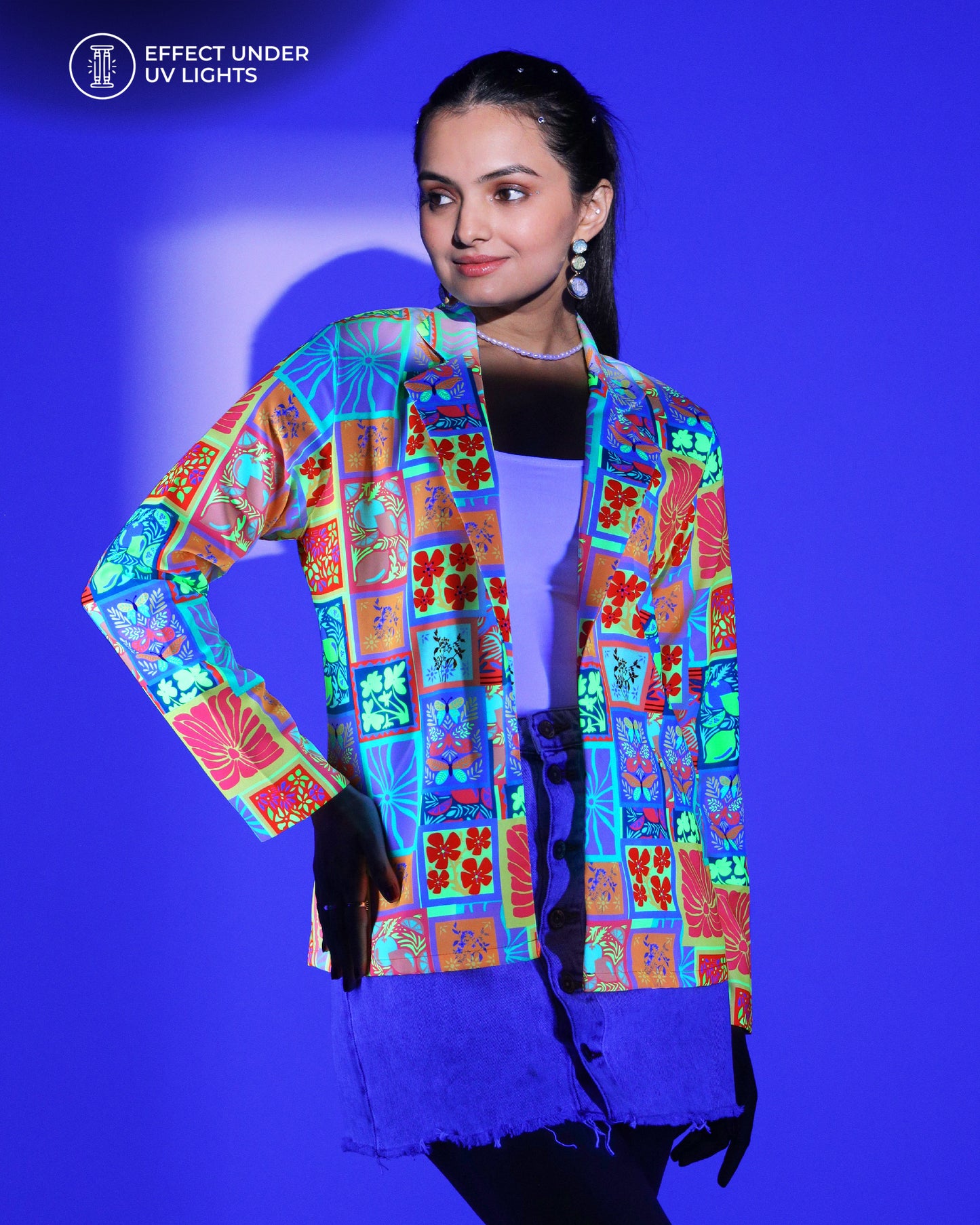 Neon Bloom Boxy Jacket For Women – UV Glow Floral Edition