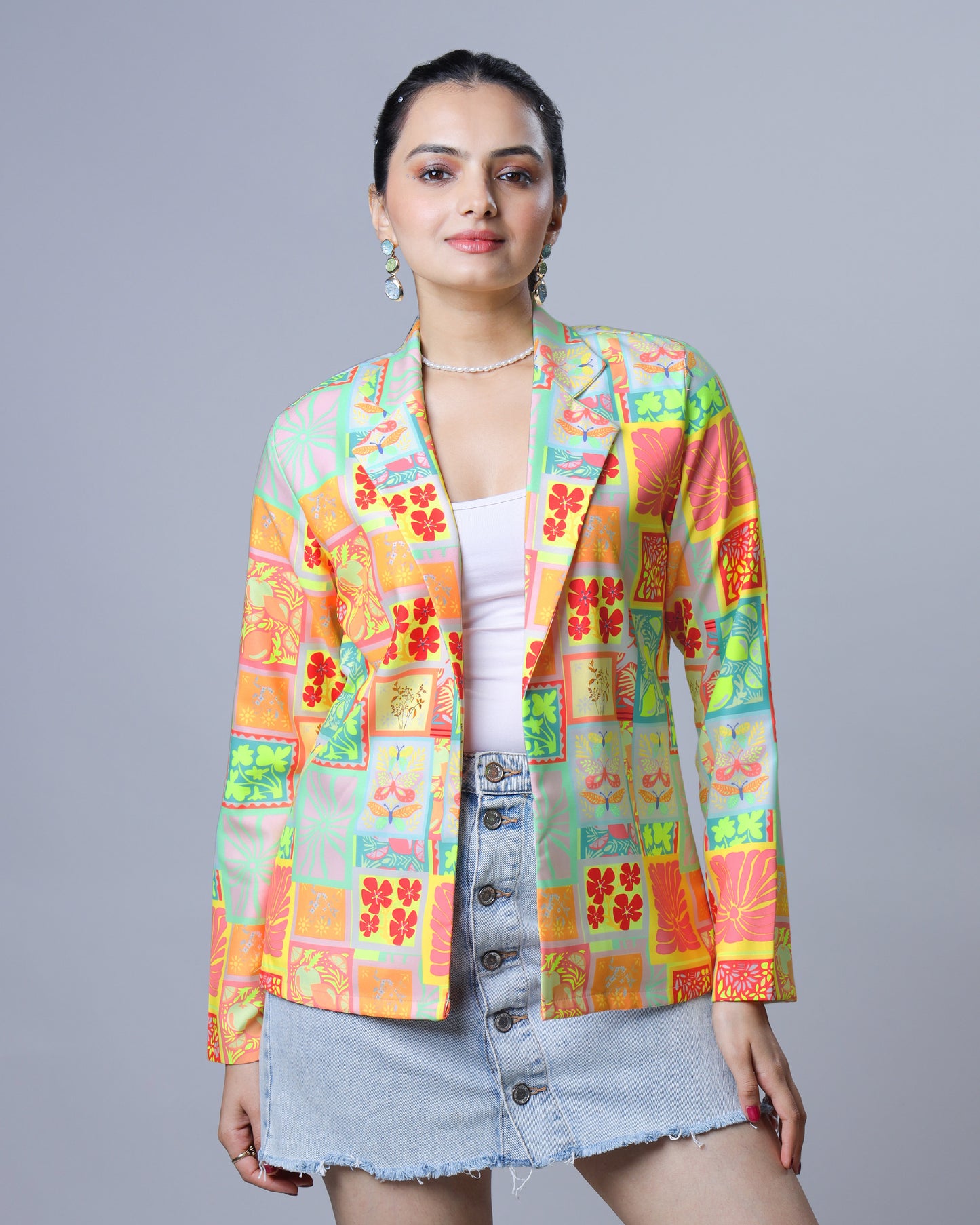 Neon Bloom Boxy Jacket For Women – UV Glow Floral Edition