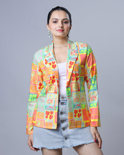 Neon Bloom Boxy Jacket For Women – UV Glow Floral Edition