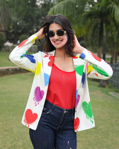 Multicolor Heart Print Holi Jacket For Women