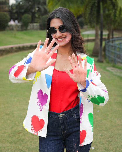 Multicolor Heart Print Holi Jacket For Women