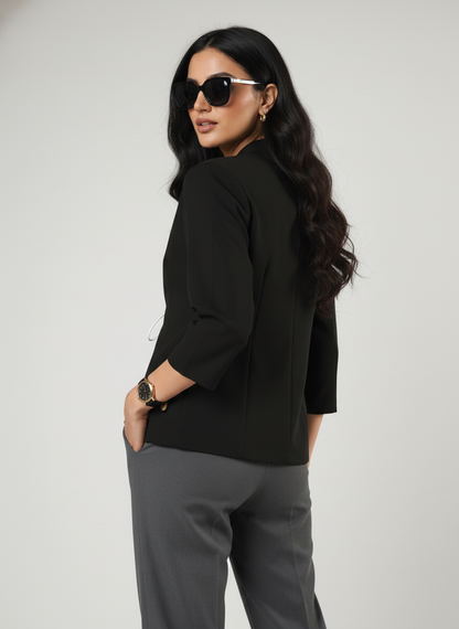 Sleek Tie- Front Solid Jacket - Modern Muse Edit 🖤🌿