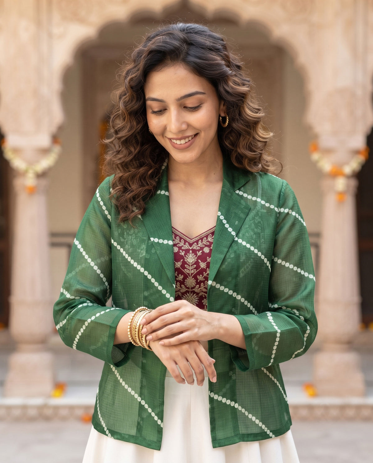 💚 GEN-Z Favorite – Green Ethnic Fusion Leheriya Women's Jacket