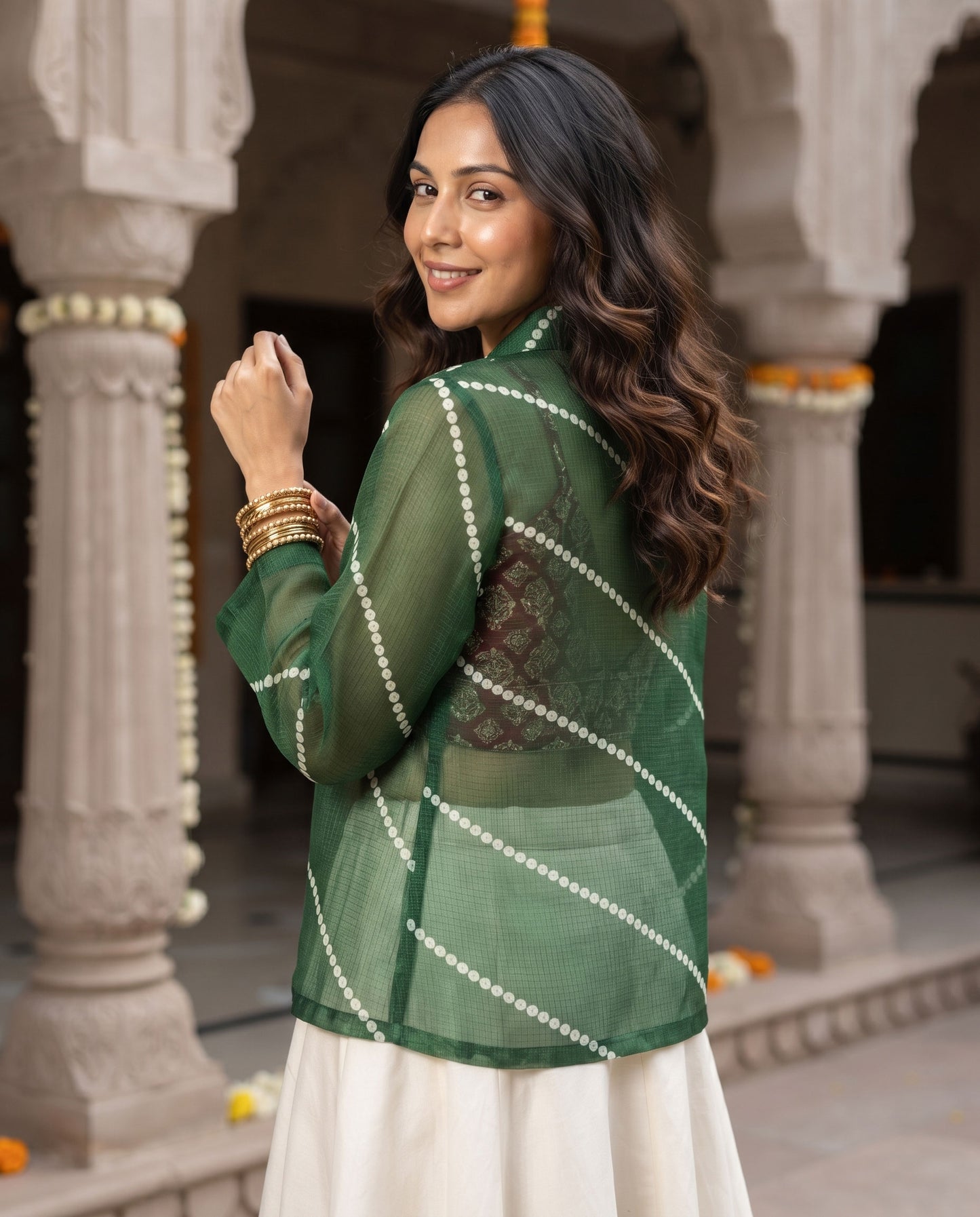 💚 GEN-Z Favorite – Green Ethnic Fusion Leheriya Women's Jacket