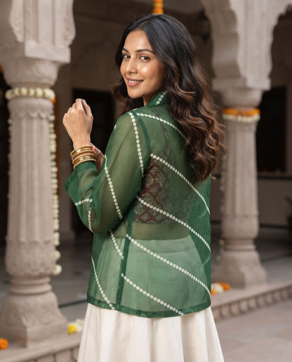 💚 GEN-Z Favorite – Green Ethnic Fusion Leheriya Women's Jacket