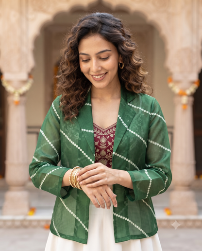 💚 GEN-Z Favorite – Green Ethnic Fusion Leheriya Women's Jacket