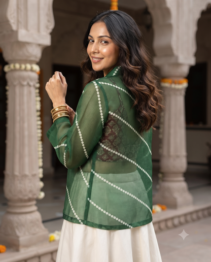 💚 GEN-Z Favorite – Green Ethnic Fusion Leheriya Women's Jacket