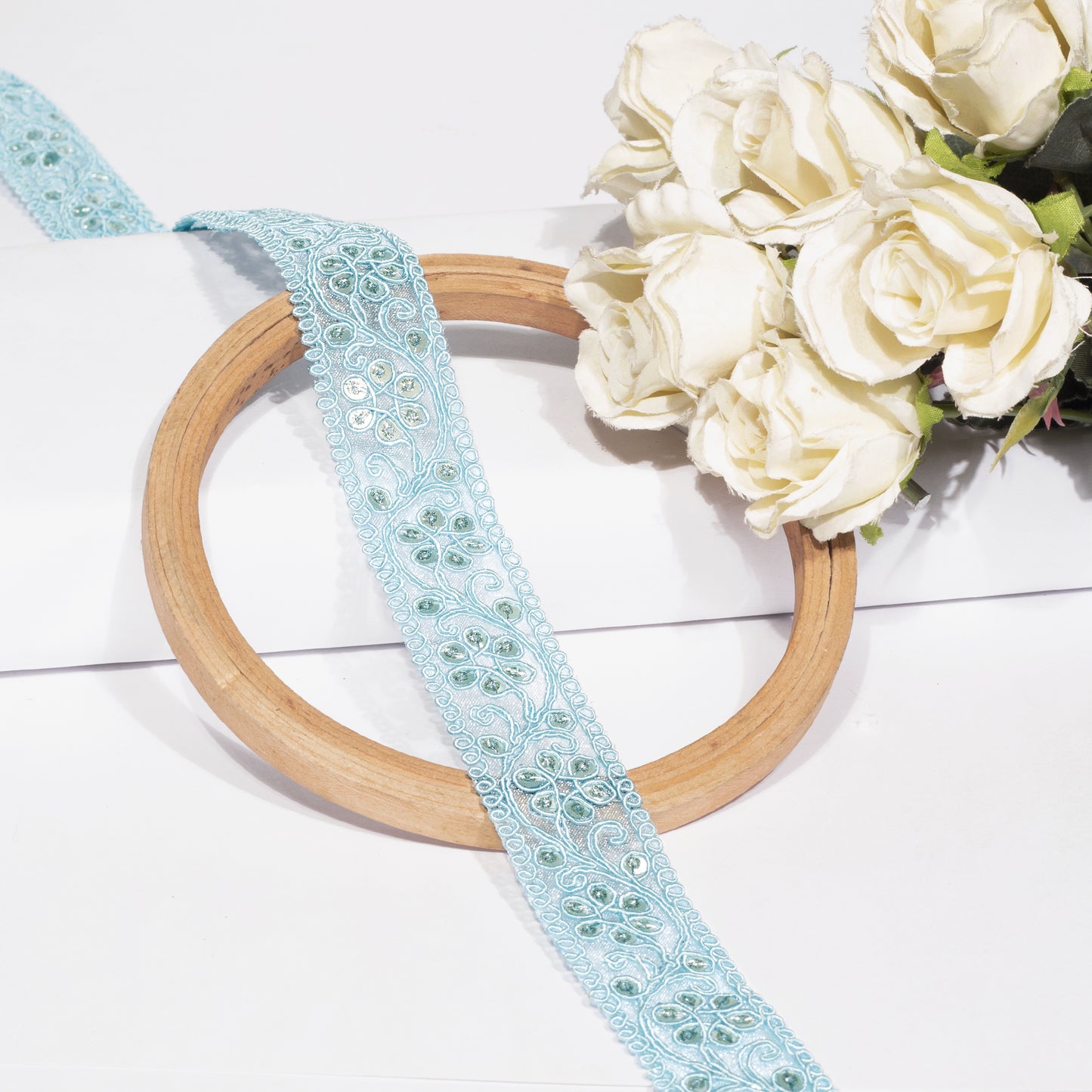 Sequins Glitter on Beautiful Pastel Blue Lace (9 Mtr)