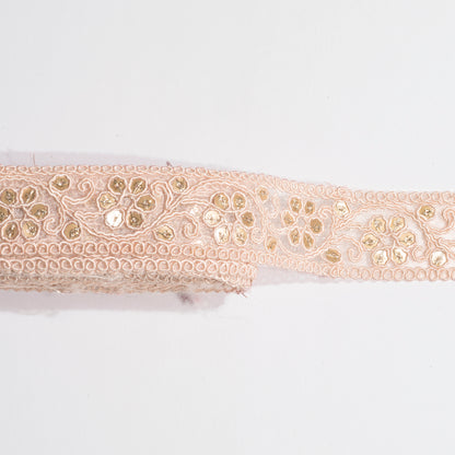 Sequins Glitter on Beautiful Pastel Peach Lace (9 Mtr)