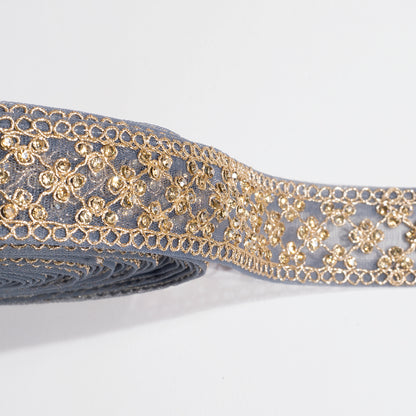 Magic of Zardosi and Crystal Stone on Grey Lace (9 Mtr)