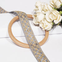 Magic of Zardosi and Crystal Stone on Grey Lace (9 Mtr)