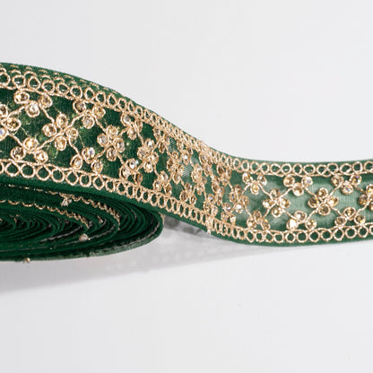 Magic of Zardosi and Crystal Stone on Green Lace (9 Mtr)