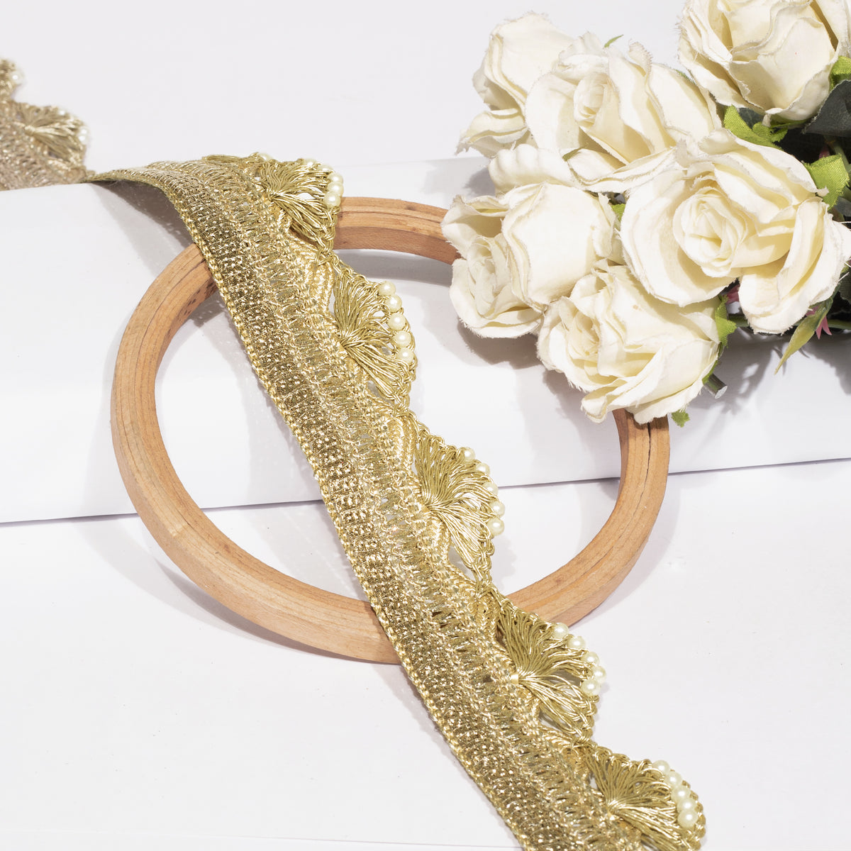 Golden Zari Thread Pearl Work Fancy Lace (9 MTR)