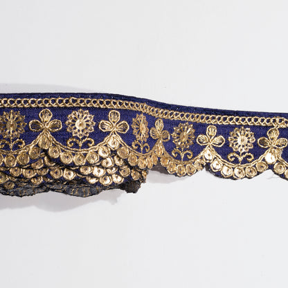 Navy Blue Fancy Sequins Adorn Delicate Scalloped Lace (9 Mtr)